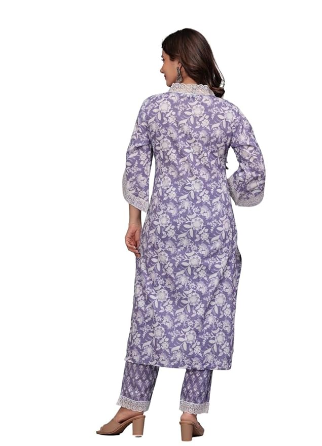 Amayra Women's Pure Cotton Printed Straight Kurta Set with Palazzo Pants & Dupatta- Ethnic Wear, Purple