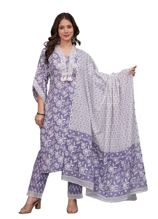 Amayra Women's Pure Cotton Printed Straight Kurta Set with Palazzo Pants & Dupatta- Ethnic Wear, Purple