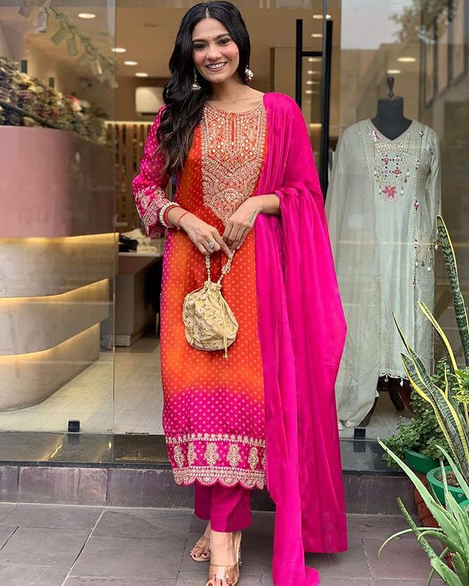 GoSriKi Women's Rayon Blend Straight Embroidered Kurta with Pant & Dupatta