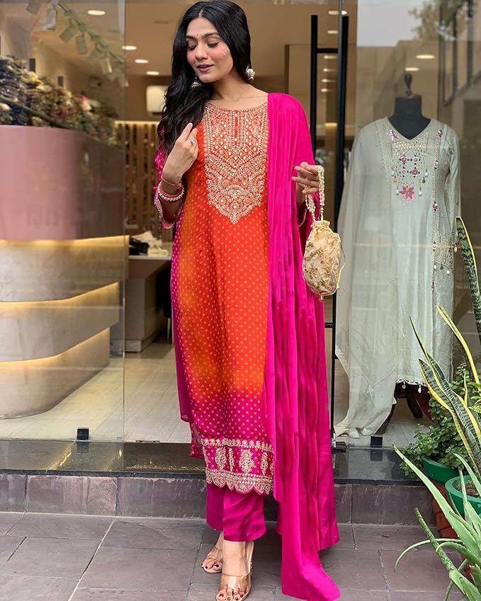 GoSriKi Women's Rayon Blend Straight Embroidered Kurta with Pant & Dupatta