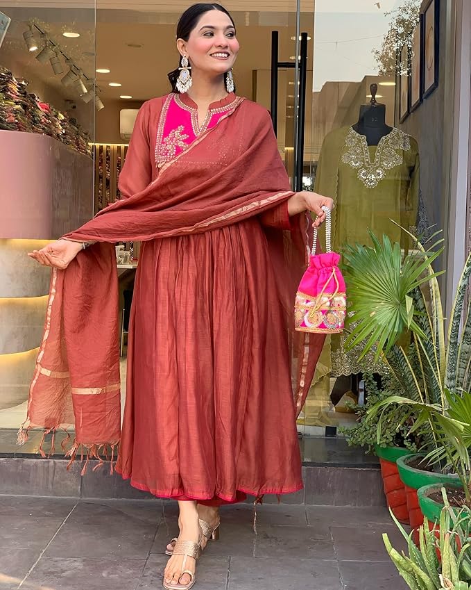 GoSriKi Women's Rayon Viscose Embroidered Anarkali Kurta with Pant & Dupatta