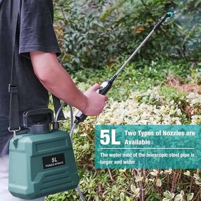 5L Electric Sprayer, 3m Pipe Pressure Agriculture Sprayer Pump, USB Rechargeable Telescopic Spray Pump, with 2 Nozzles, USB Rechargeable for Gardening, Green