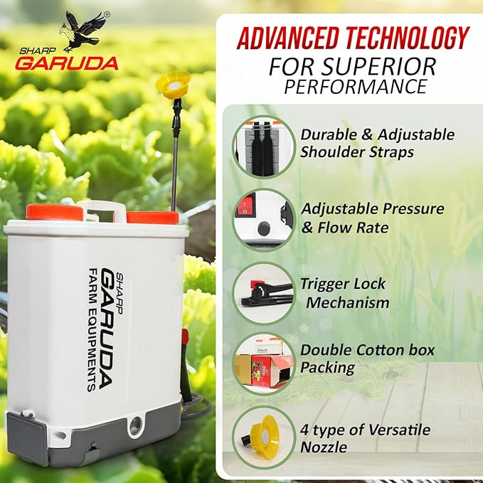 SHARP GARUDA Battery Sprayer For Agriculture 16L - High-Performance Spray Pump For Efficient Farming And Gardening Tasks, Single Motor 12V 8Ah Spray Machine For Agriculture, White
