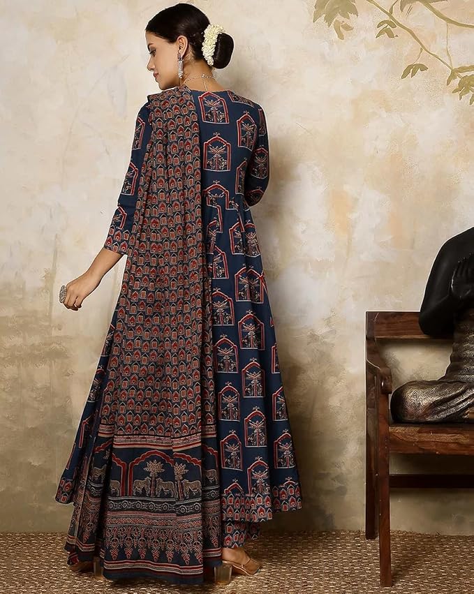 GEKHA|Women's Red Cotton Printed Flared Kurta with Cotton Pant and Cotton Printed Dupatta Sets | Ethnic Set | Dupatta Set | Suit Set | Kurta Set | Wedding Suit Set