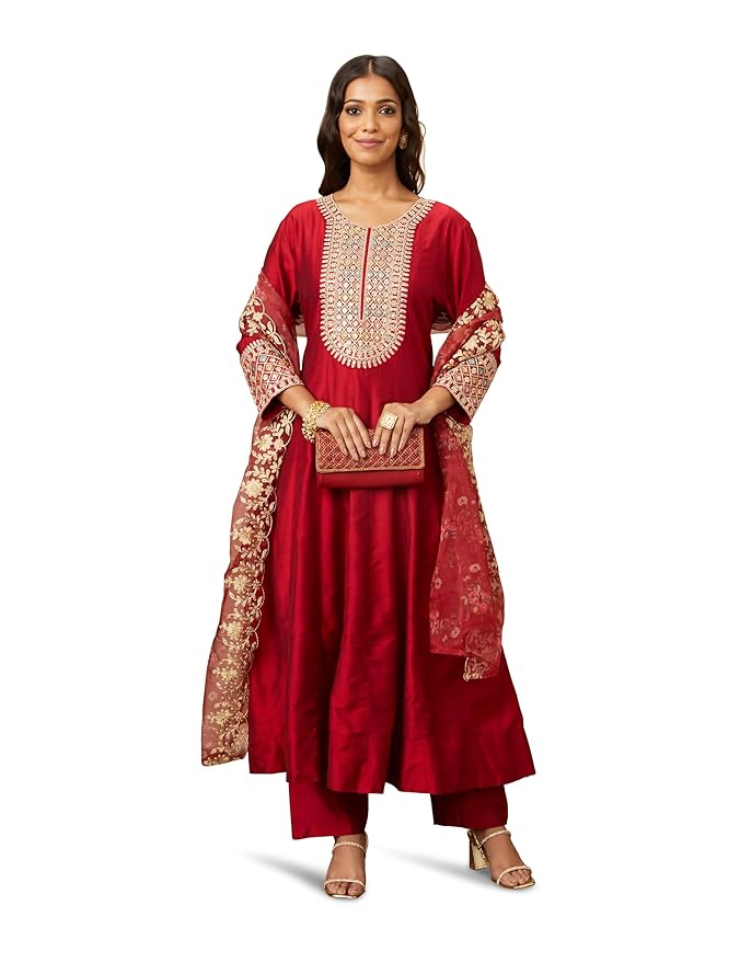 Myx Women's Embroidered Anarkali Kurta Pant Set with Organza Dupatta | Viscose,Rayon | A-line fit