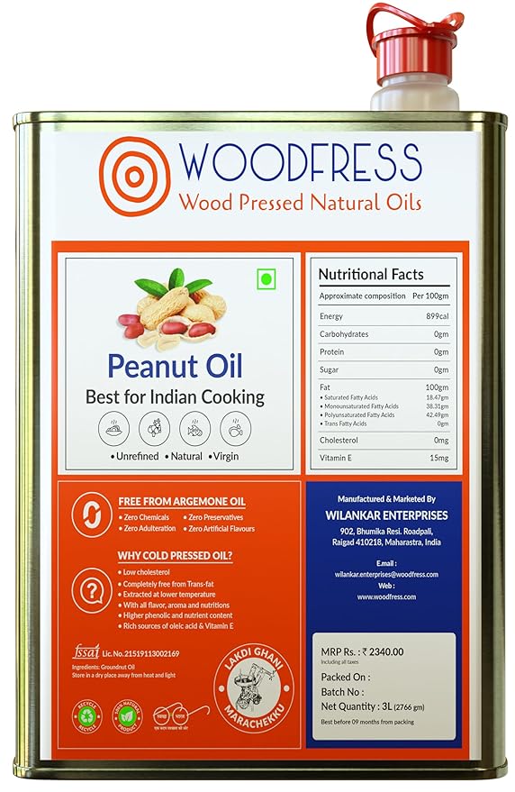 Cold Pressed Groundnut Oil 3 Litre - Extracted From 8Kg Red Java Peanuts For 3L Pure Woodpress Oil, Wood Pressed (Lakdi Ghani) Healthy Cooking Oil, 100% Natural Cold-Pressed Peanut Oil