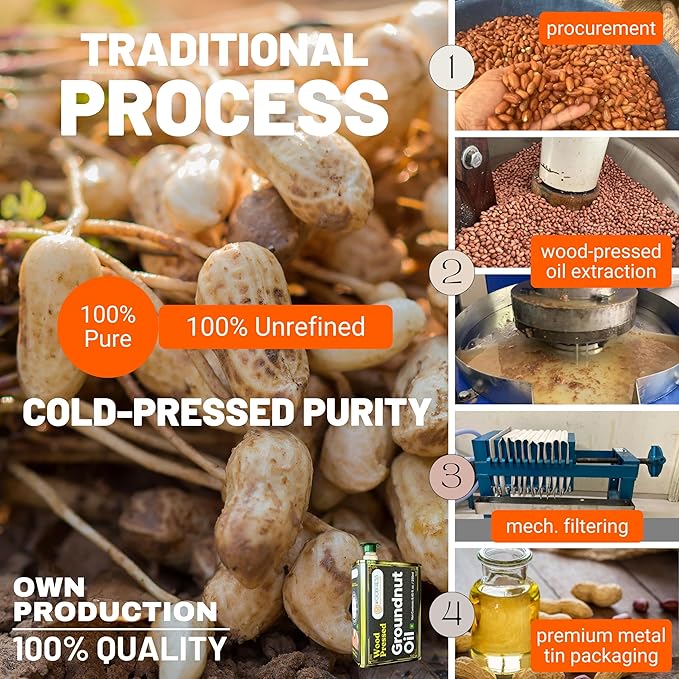 Cold Pressed Groundnut Oil 3 Litre - Extracted From 8Kg Red Java Peanuts For 3L Pure Woodpress Oil, Wood Pressed (Lakdi Ghani) Healthy Cooking Oil, 100% Natural Cold-Pressed Peanut Oil