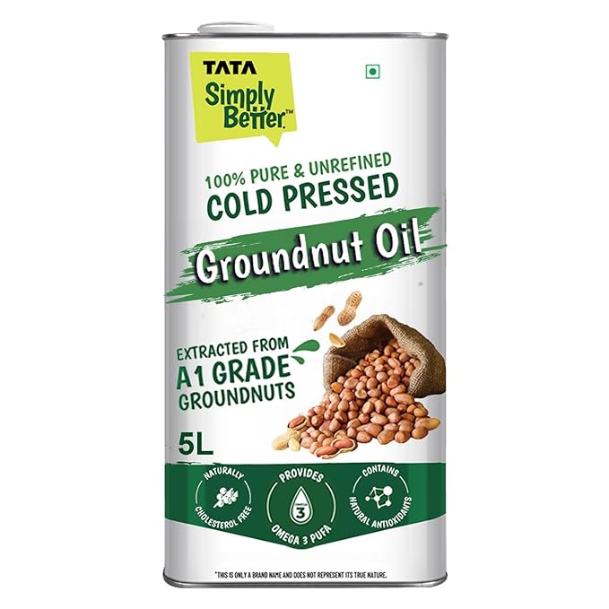 Unrefined Cold Pressed Groundnut (Peanut) Oil, Kolhu/Kacchi Ghani/Mara Chekku/Ganuga, Naturally Cholesterol Free, 5L, With Rich Aroma & Flavour of Real A1 Grade Groundnuts