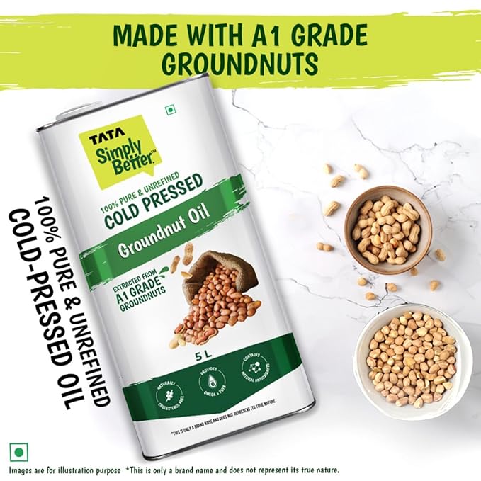 Unrefined Cold Pressed Groundnut (Peanut) Oil, Kolhu/Kacchi Ghani/Mara Chekku/Ganuga, Naturally Cholesterol Free, 5L, With Rich Aroma & Flavour of Real A1 Grade Groundnuts