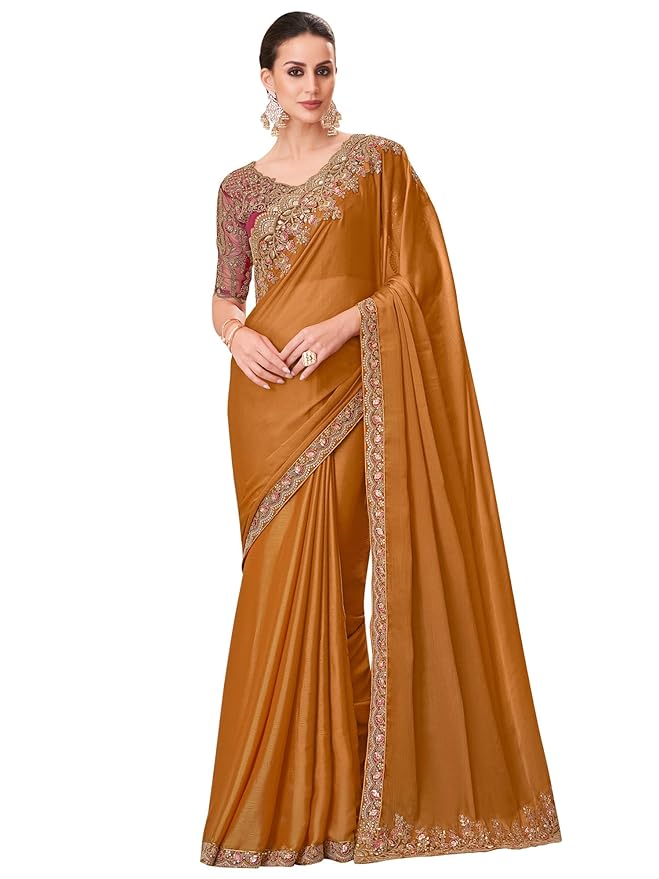 AKHILAM Women's Multicolor Satin Silk Embroidered Saree With Unstitched Blouse Piece (SILVER31001_TFH_Parent)