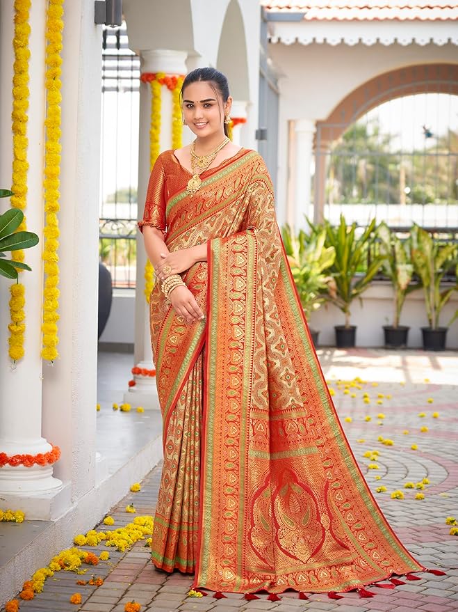 MANOHARI Women's Trendy Banarasi Woven Saree with Heavy Jacquard Work, Elegant Design, Silk Saree with Maching Lace Border Unstitched Blouse Piece for Weddings & Festive Occasions