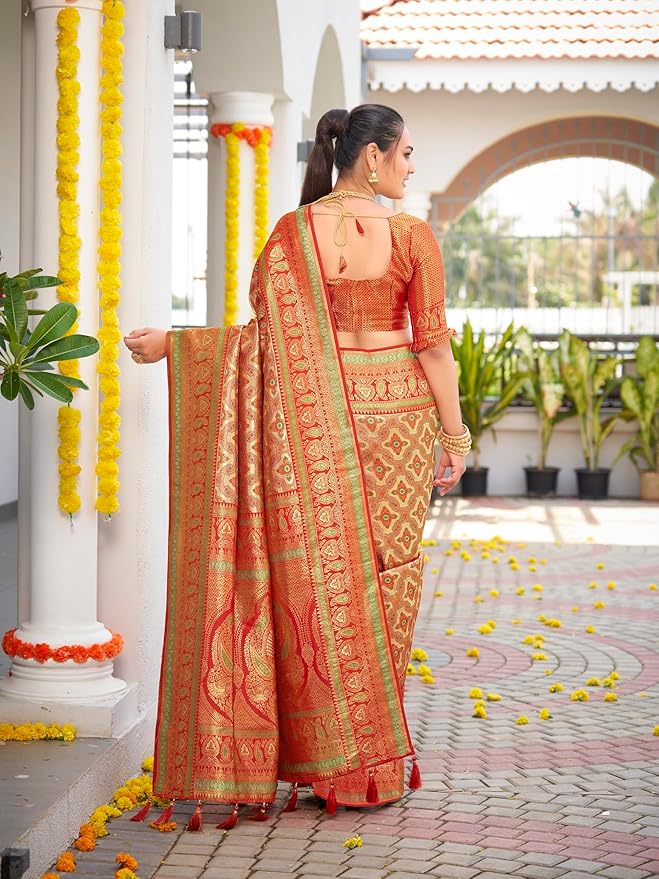 MANOHARI Women's Trendy Banarasi Woven Saree with Heavy Jacquard Work, Elegant Design, Silk Saree with Maching Lace Border Unstitched Blouse Piece for Weddings & Festive Occasions