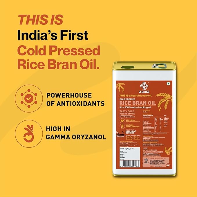 Organics Rice Bran Oil 5L | Cold Pressed Cooking Oil Suitable for Stir & Deep Frying | containing Oryzanol Improves Heart Health, Reduces Cholesterol, has Low Calorie