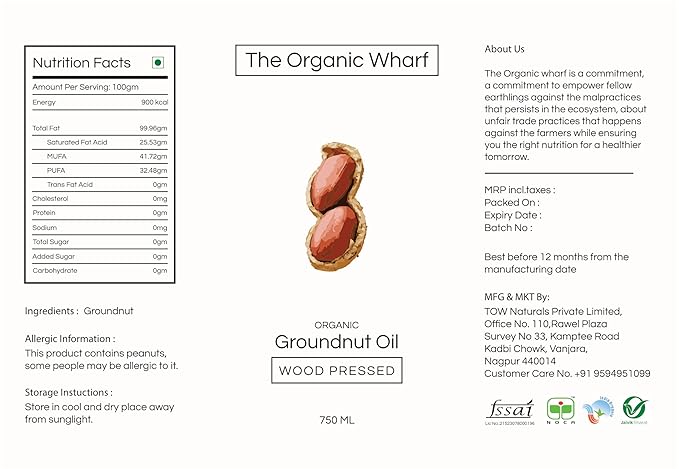 Wood Pressed Groundnut Oil 750 Ml, Unrefined - Truly Organic Healthy, And Natural Food Oil, Chemical Free | Kolhu/Kacchi Ghani/Chekku | Glass Bottle