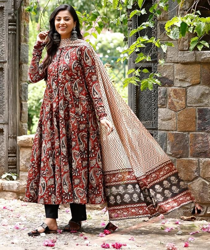 Nermosa Women Printed Anarkali Kurta and Pant Set with Dupatta