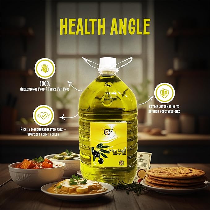 Extra Light Olive Oil 5L | Pure & Healthy Cooking Oil | Ideal for Indian Cuisine, Frying, Baking, Salad Dressing | Rich in MUFA, Low Absorption | PET Bottle Family Pack