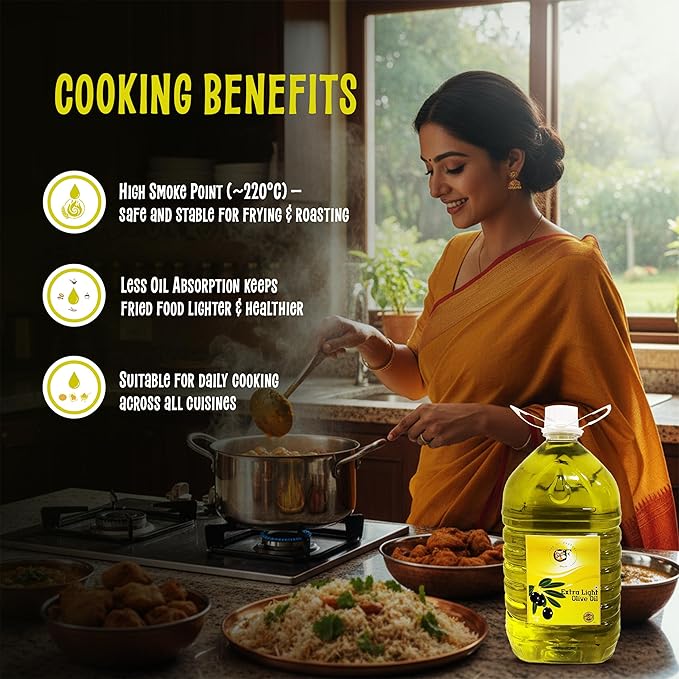 Extra Light Olive Oil 5L | Pure & Healthy Cooking Oil | Ideal for Indian Cuisine, Frying, Baking, Salad Dressing | Rich in MUFA, Low Absorption | PET Bottle Family Pack