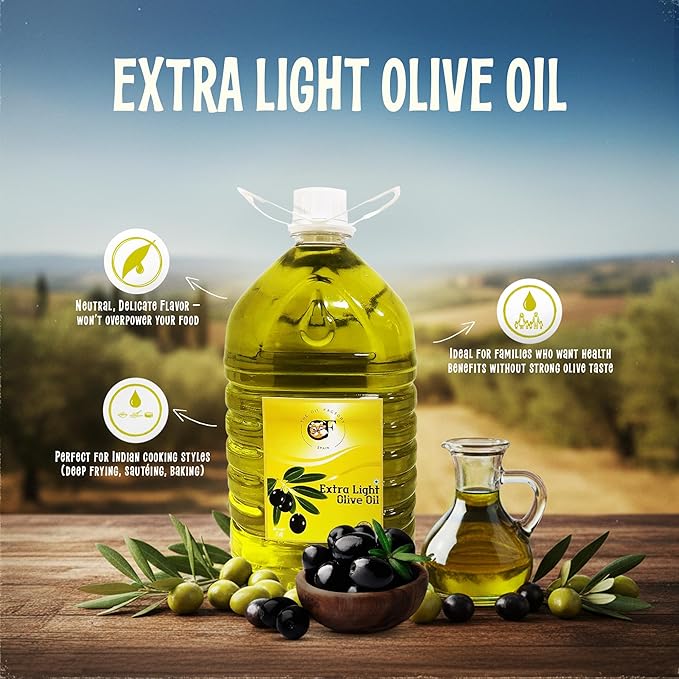 Extra Light Olive Oil 5L | Pure & Healthy Cooking Oil | Ideal for Indian Cuisine, Frying, Baking, Salad Dressing | Rich in MUFA, Low Absorption | PET Bottle Family Pack