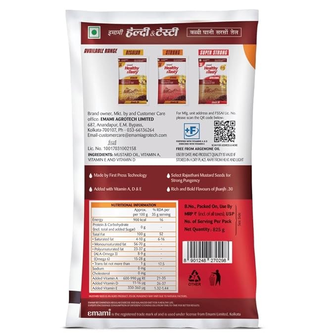 Healthy and Tasty Strong Kachchi Ghani Mustard Oil Pouch, 825 G