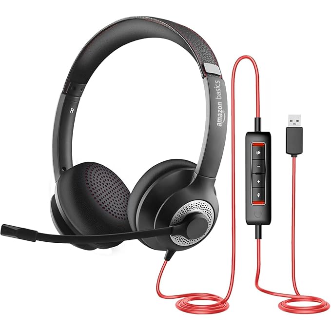 Amazon Basics Pro Series Wired USB On Ear Headset with Mic | 40 mm Driver | Computer/PC or Laptop Headphone | Noise Cancellation Microphone | in-line Control for Home, Office, Teams or Zoom, Black