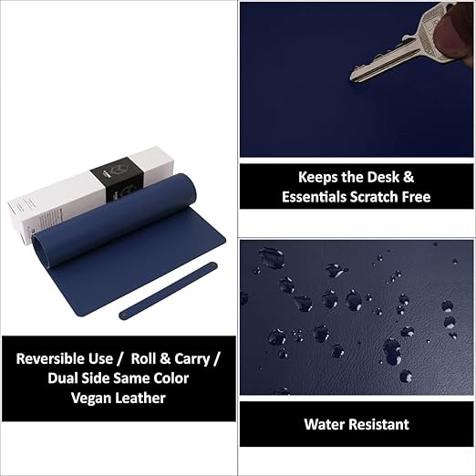 Premium Vegan Leather Desk Mat 90X45cm 2.4mm Thick&Padded|Laptop Mat/Extended Mouse Pad/Stitched, Reversible, Sturdy Deskspread with High Tear/Peel Strength|Anti-Slip,Splash-Proof|Blue