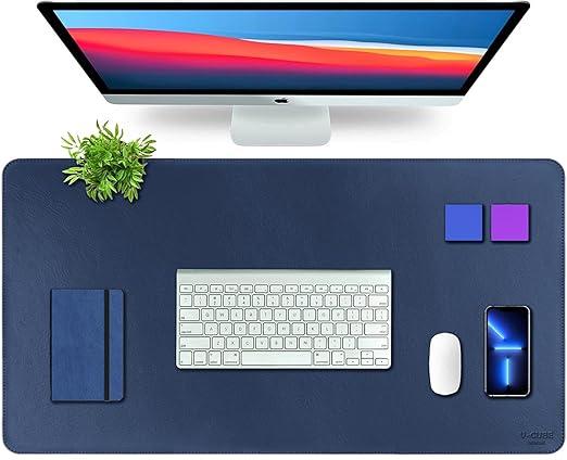 Premium Vegan Leather Desk Mat 90X45cm 2.4mm Thick&Padded|Laptop Mat/Extended Mouse Pad/Stitched, Reversible, Sturdy Deskspread with High Tear/Peel Strength|Anti-Slip,Splash-Proof|Blue