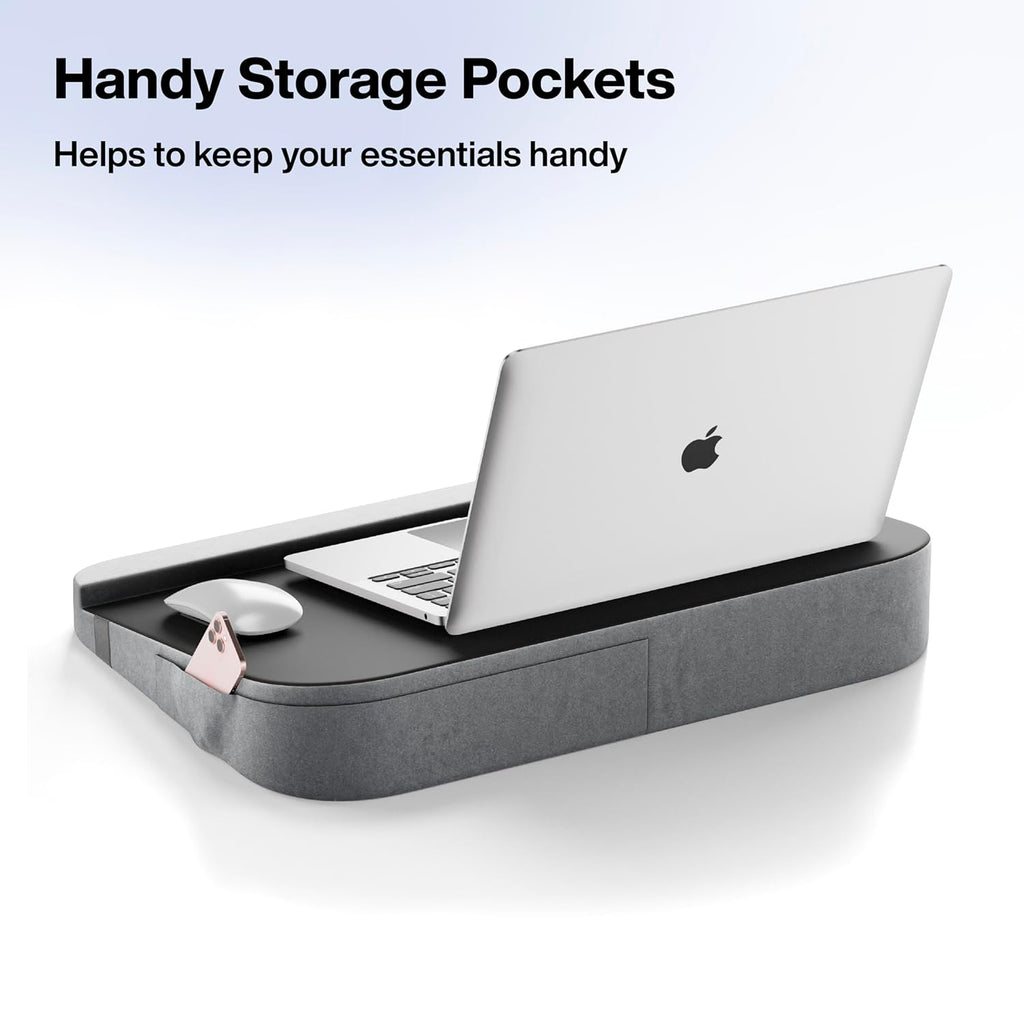 FOVERA Tabletop Laptop Riser Stand Cushion | Fits up to 17” Laptops | Large (21 x 15 x 3.5 Inch) Lightweight, Mouse-Friendly Top, Soft Wrist Support & Side Pockets | for All Laptops (Dark Grey)